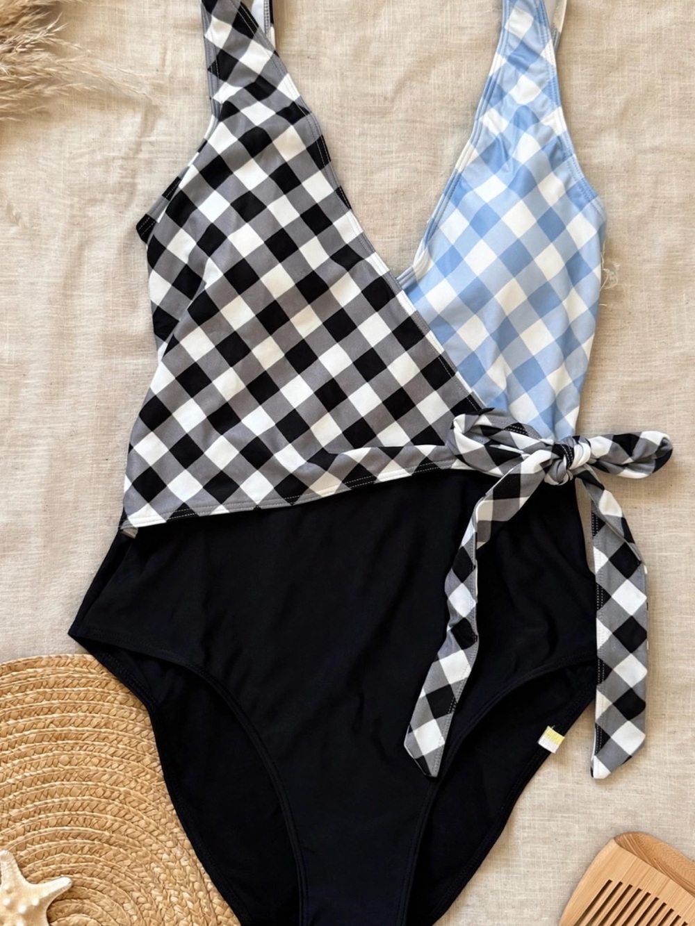 summersalt Black & Light Blue Gingham Wrap One-Piece Swim